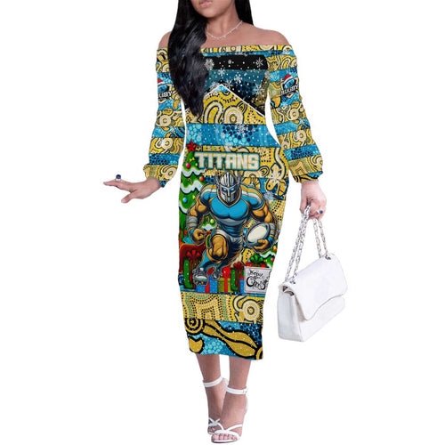 Custom Titans Rugby Merry Christmas Family Matching Off The Shoulder Long Sleeve Dress and Hawaiian Shirt Indigenous Australian Art