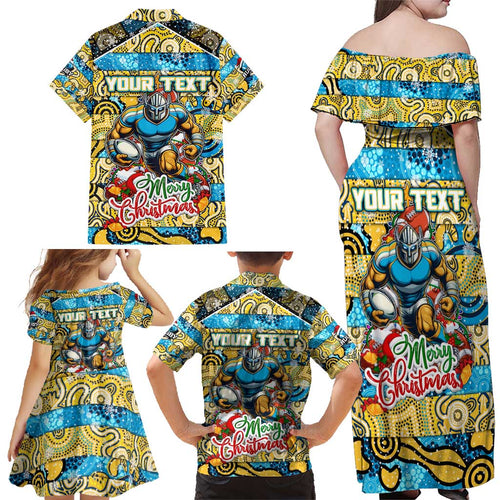 Custom Titans Rugby Merry Christmas Family Matching Off Shoulder Maxi Dress and Hawaiian Shirt Indigenous Australian Art