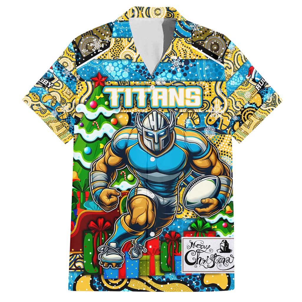 Custom Titans Rugby Merry Christmas Family Matching Off Shoulder Maxi Dress and Hawaiian Shirt Indigenous Australian Art