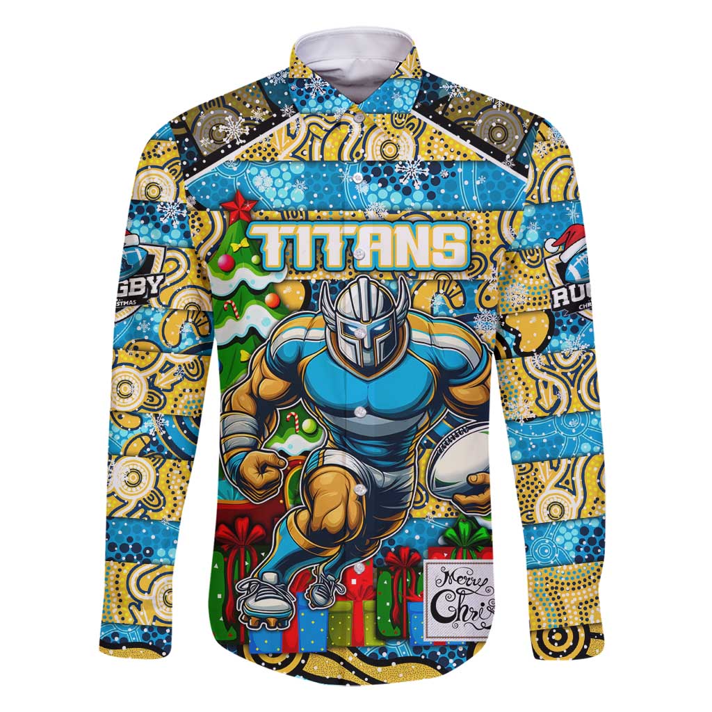 Custom Titans Rugby Merry Christmas Family Matching Off Shoulder Maxi Dress and Hawaiian Shirt Indigenous Australian Art