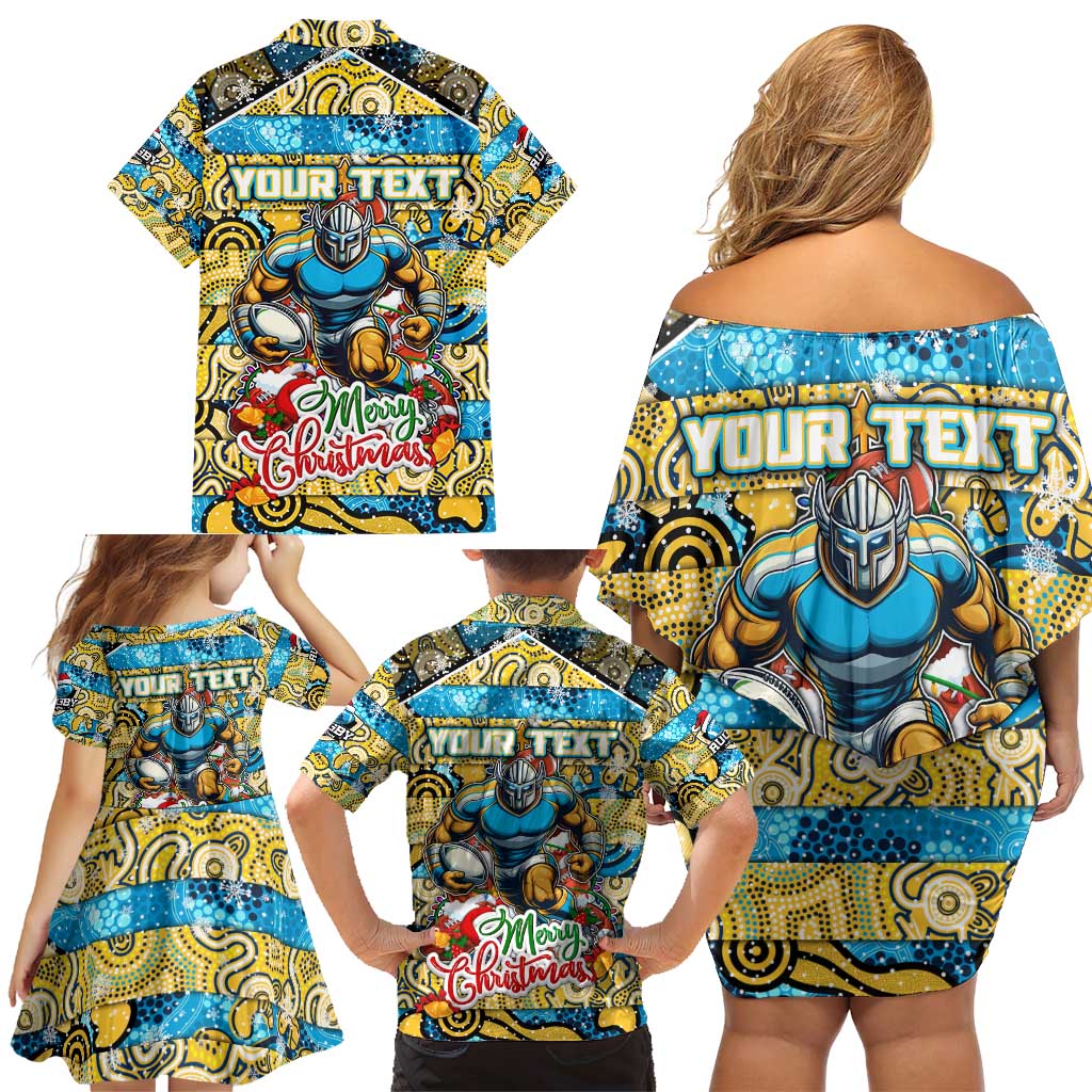 Custom Titans Rugby Merry Christmas Family Matching Off Shoulder Short Dress and Hawaiian Shirt Indigenous Australian Art