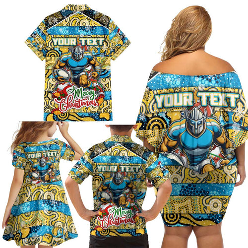 Custom Titans Rugby Merry Christmas Family Matching Off Shoulder Short Dress and Hawaiian Shirt Indigenous Australian Art