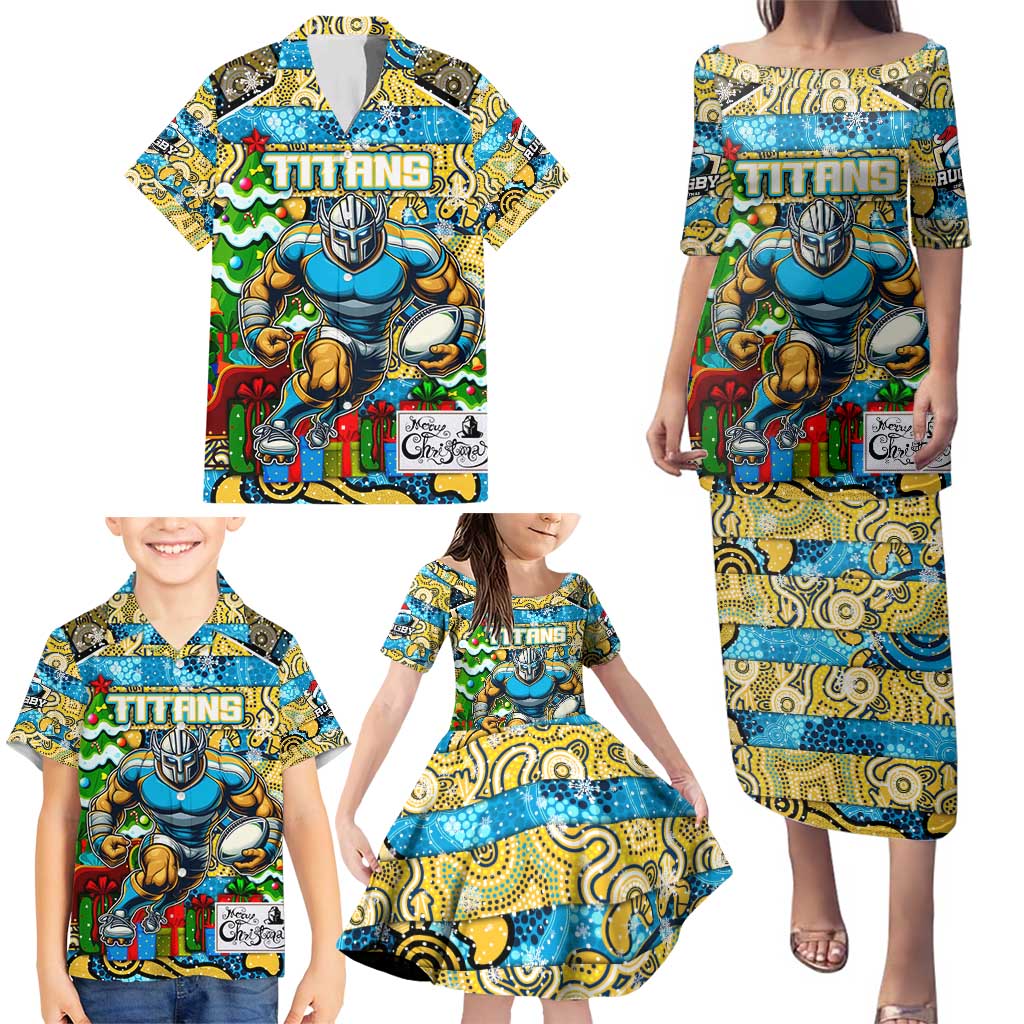 Custom Titans Rugby Merry Christmas Family Matching Puletasi and Hawaiian Shirt Indigenous Australian Art