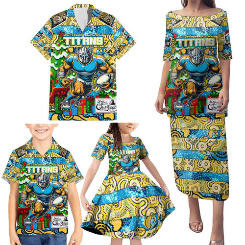 Custom Titans Rugby Merry Christmas Family Matching Puletasi and Hawaiian Shirt Indigenous Australian Art