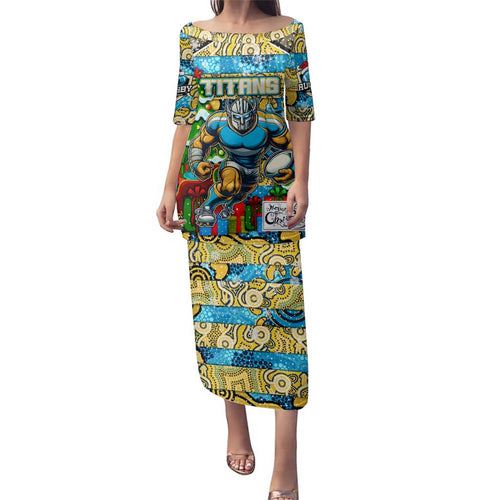 Custom Titans Rugby Merry Christmas Family Matching Puletasi and Hawaiian Shirt Indigenous Australian Art