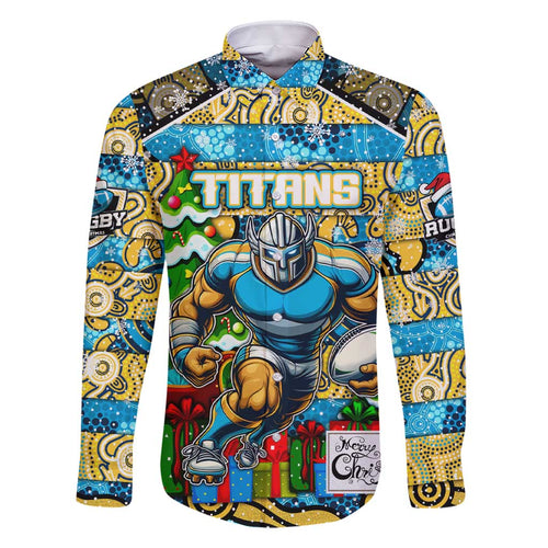Custom Titans Rugby Merry Christmas Family Matching Short Sleeve Bodycon Dress and Hawaiian Shirt Indigenous Australian Art