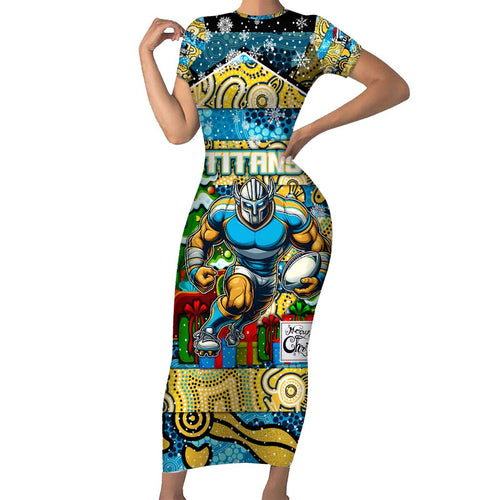Custom Titans Rugby Merry Christmas Family Matching Short Sleeve Bodycon Dress and Hawaiian Shirt Indigenous Australian Art
