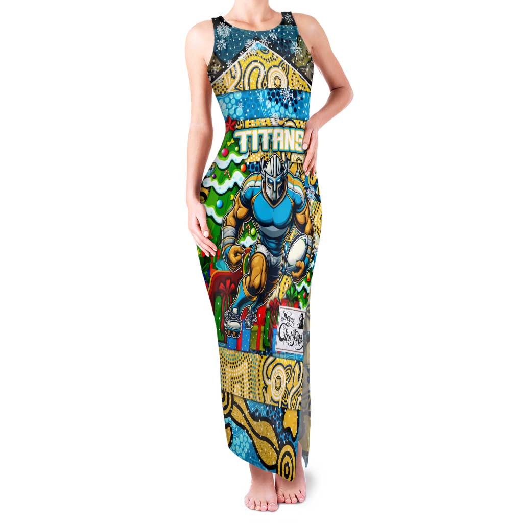 Custom Titans Rugby Merry Christmas Family Matching Tank Maxi Dress and Hawaiian Shirt Indigenous Australian Art