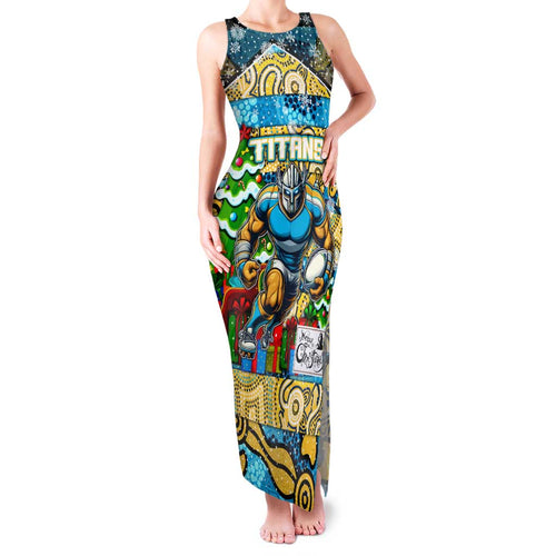 Custom Titans Rugby Merry Christmas Family Matching Tank Maxi Dress and Hawaiian Shirt Indigenous Australian Art