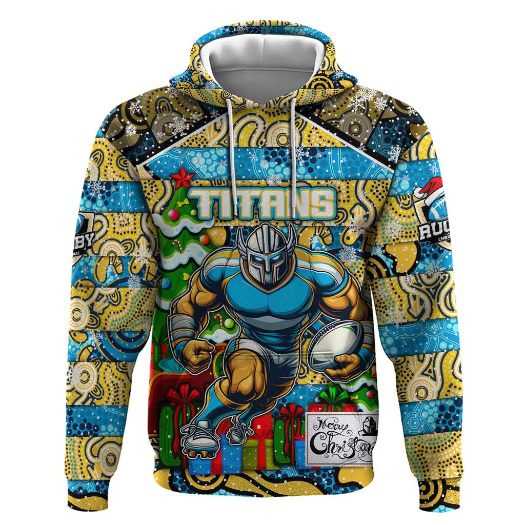 Custom Titans Rugby Merry Christmas Hoodie Indigenous Australian Art