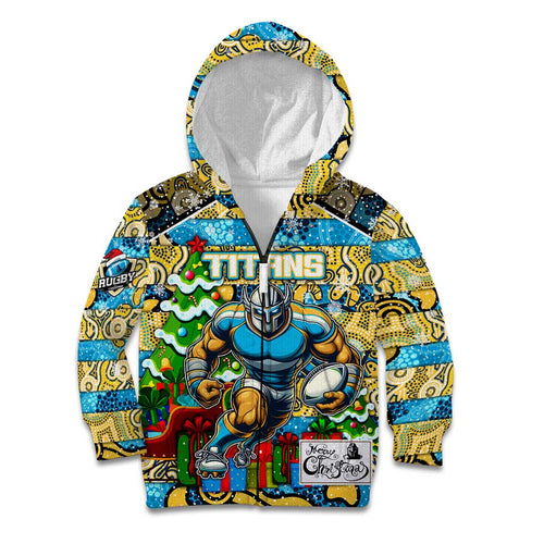 Custom Titans Rugby Merry Christmas Kid Hoodie Indigenous Australian Art