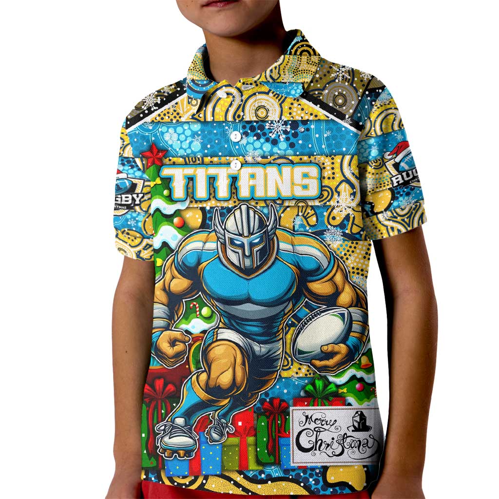 Custom Titans Rugby Merry Christmas Kid Polo Shirt Indigenous Australian Art