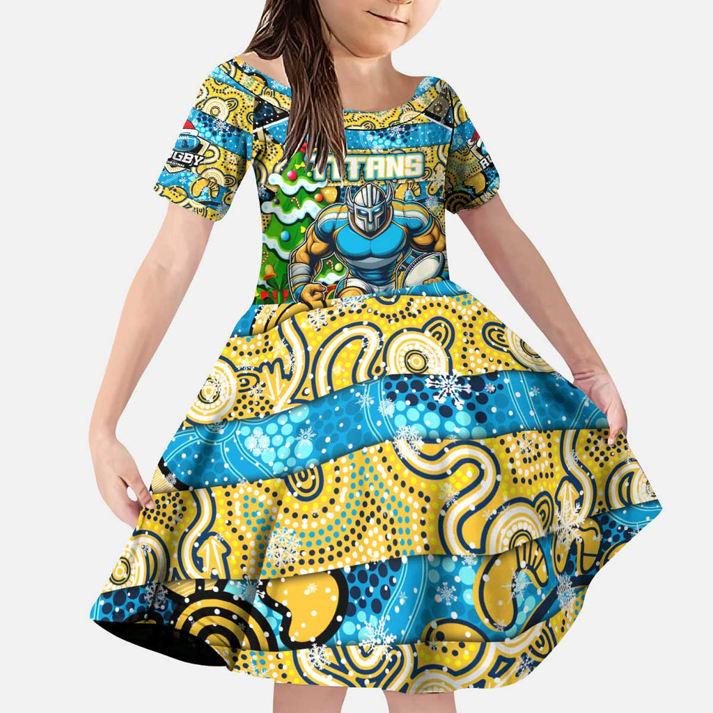Custom Titans Rugby Merry Christmas Kid Short Sleeve Dress Indigenous Australian Art