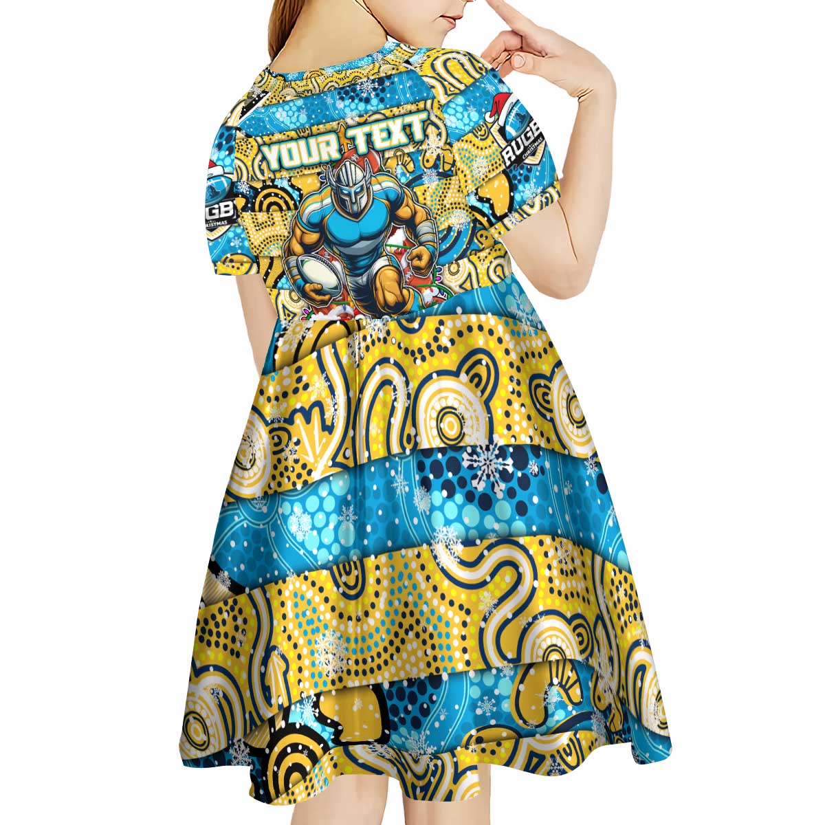Custom Titans Rugby Merry Christmas Kid Short Sleeve Dress Indigenous Australian Art