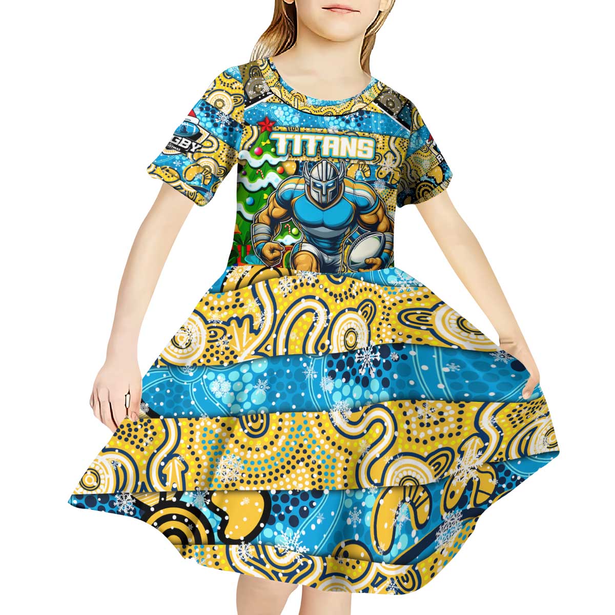 Custom Titans Rugby Merry Christmas Kid Short Sleeve Dress Indigenous Australian Art