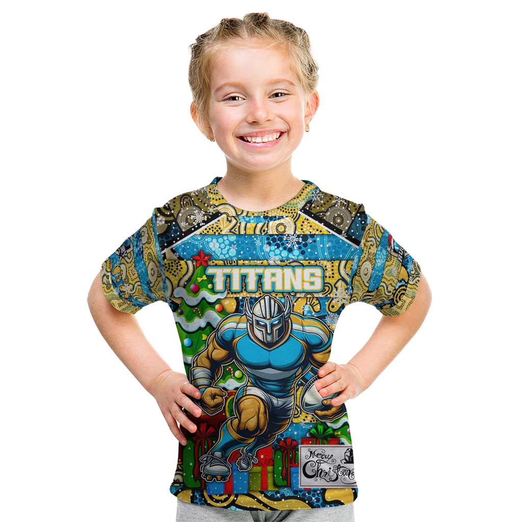 Custom Titans Rugby Merry Christmas Kid T Shirt Indigenous Australian Art