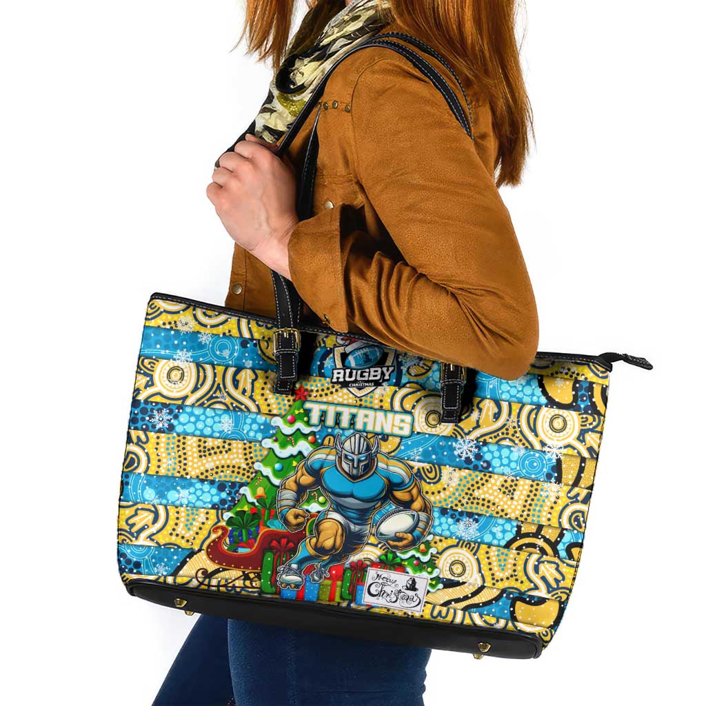 Titans Rugby Merry Christmas Leather Tote Bag Indigenous Australian Art