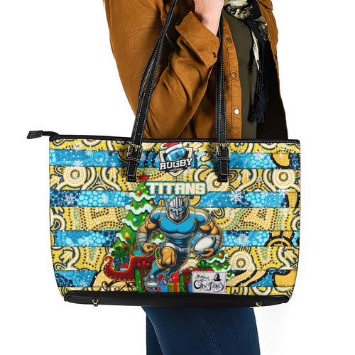 Titans Rugby Merry Christmas Leather Tote Bag Indigenous Australian Art
