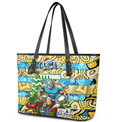Titans Rugby Merry Christmas Leather Tote Bag Indigenous Australian Art