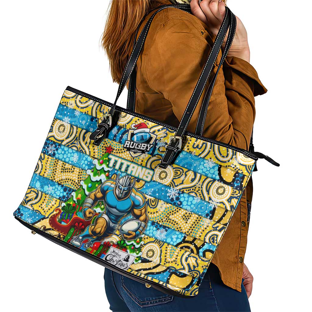 Titans Rugby Merry Christmas Leather Tote Bag Indigenous Australian Art
