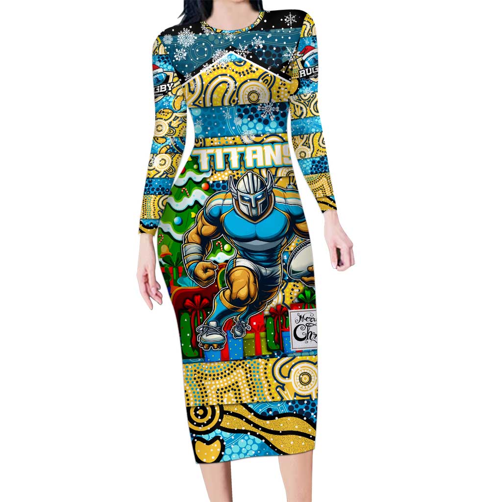 Custom Titans Rugby Merry Christmas Long Sleeve Bodycon Dress Indigenous Australian Art
