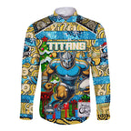 Custom Titans Rugby Merry Christmas Long Sleeve Button Shirt Indigenous Australian Art