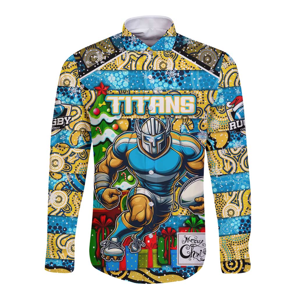 Custom Titans Rugby Merry Christmas Long Sleeve Button Shirt Indigenous Australian Art