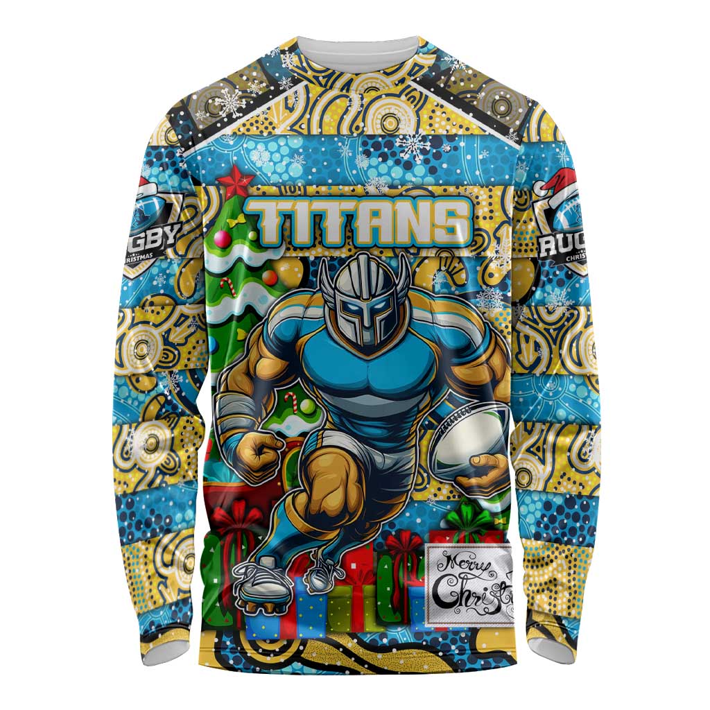 Custom Titans Rugby Merry Christmas Long Sleeve Shirt Indigenous Australian Art