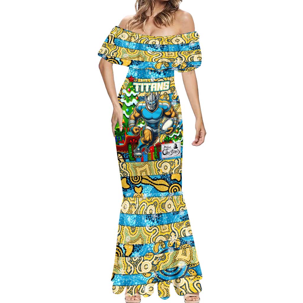 Custom Titans Rugby Merry Christmas Mermaid Dress Indigenous Australian Art