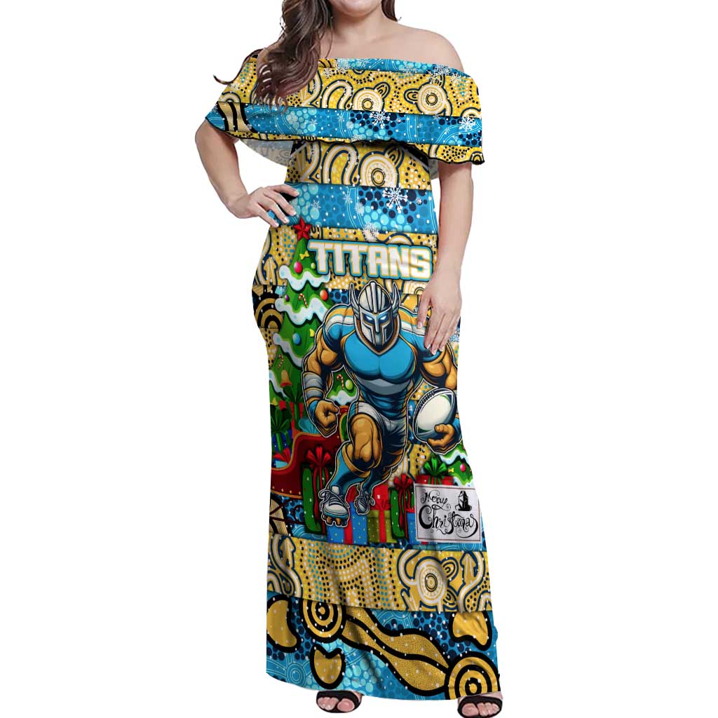 Custom Titans Rugby Merry Christmas Off Shoulder Maxi Dress Indigenous Australian Art