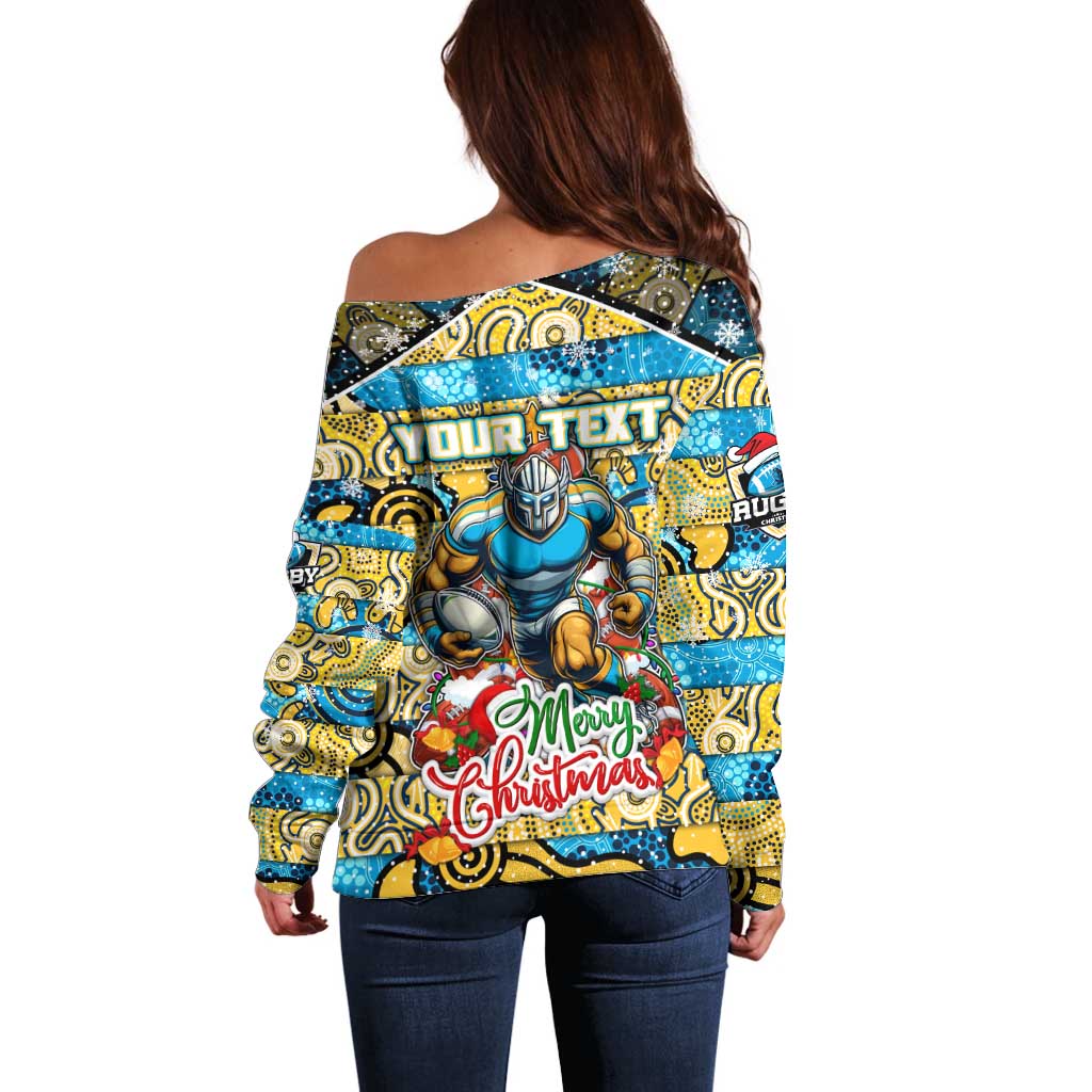 Custom Titans Rugby Merry Christmas Off Shoulder Sweater Indigenous Australian Art