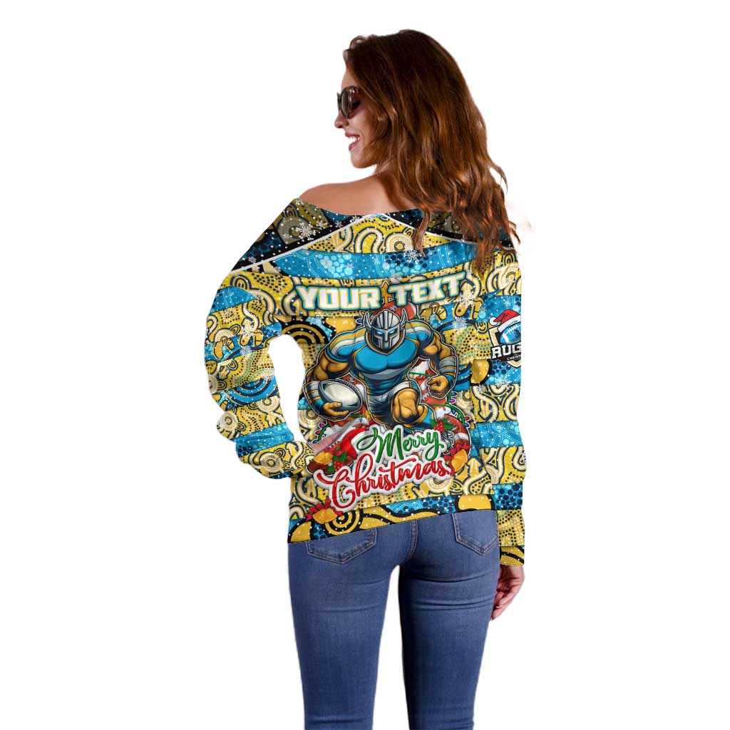 Custom Titans Rugby Merry Christmas Off Shoulder Sweater Indigenous Australian Art
