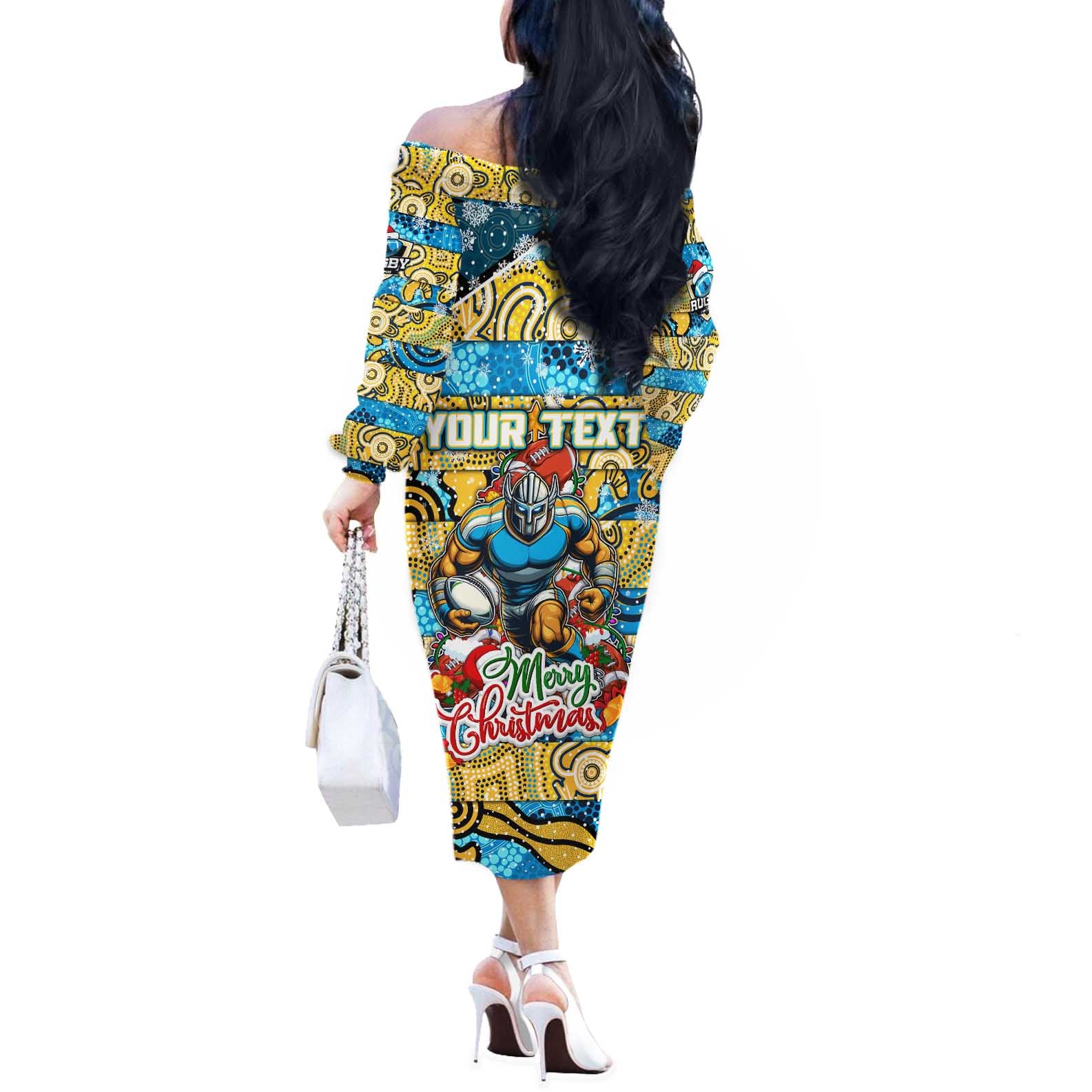 Custom Titans Rugby Merry Christmas Off The Shoulder Long Sleeve Dress Indigenous Australian Art