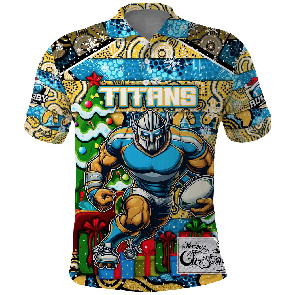 Custom Titans Rugby Merry Christmas Polo Shirt Indigenous Australian Art