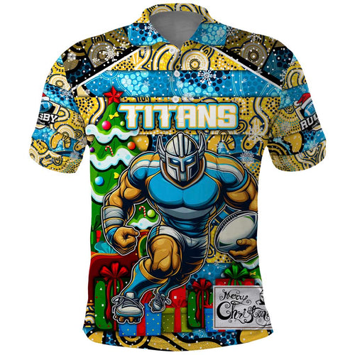 Custom Titans Rugby Merry Christmas Polo Shirt Indigenous Australian Art