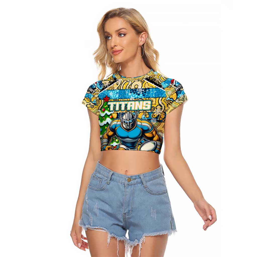 Custom Titans Rugby Merry Christmas Raglan Cropped T Shirt Indigenous Australian Art