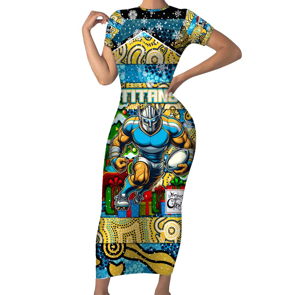 Custom Titans Rugby Merry Christmas Short Sleeve Bodycon Dress Indigenous Australian Art