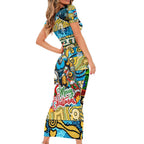 Custom Titans Rugby Merry Christmas Short Sleeve Bodycon Dress Indigenous Australian Art