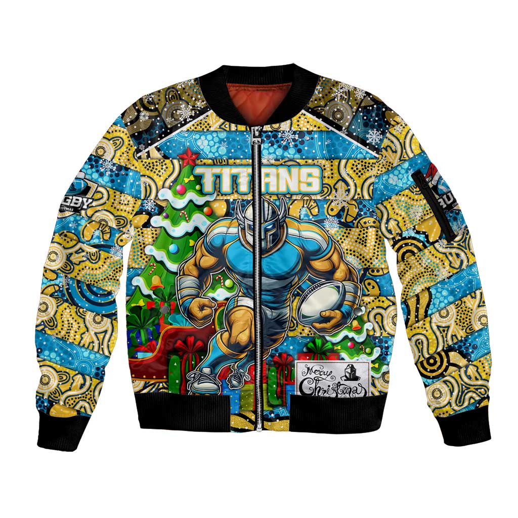 Custom Titans Rugby Merry Christmas Sleeve Zip Bomber Jacket Indigenous Australian Art