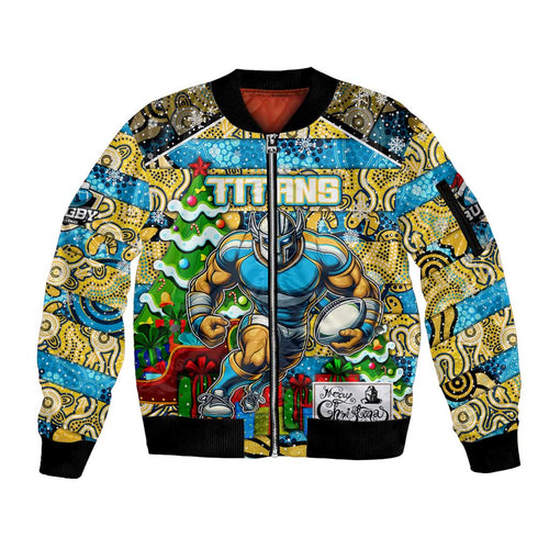 Custom Titans Rugby Merry Christmas Sleeve Zip Bomber Jacket Indigenous Australian Art