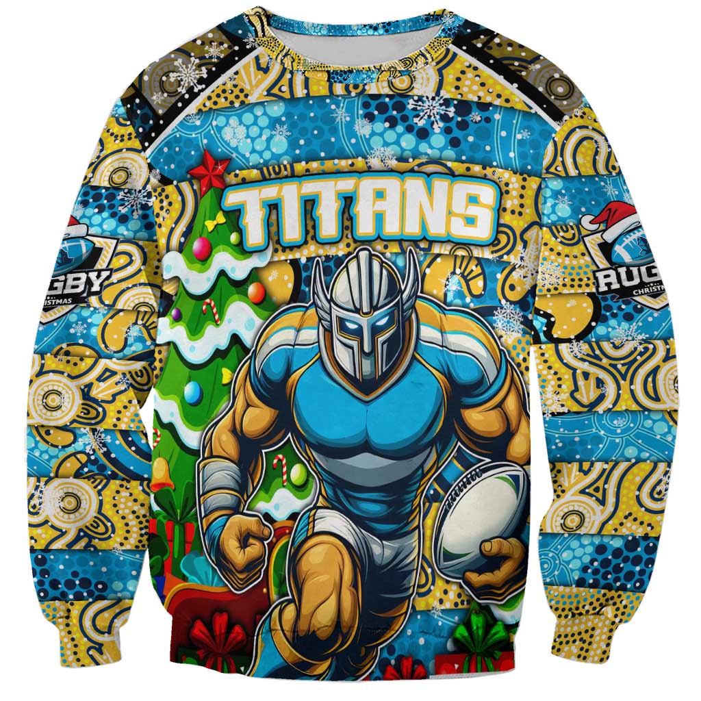 Custom Titans Rugby Merry Christmas Sweatshirt Indigenous Australian Art