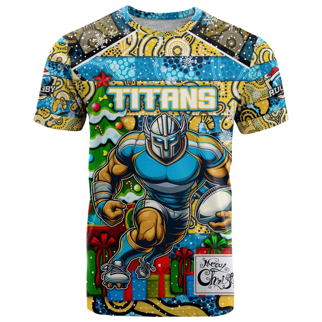 Custom Titans Rugby Merry Christmas T Shirt Indigenous Australian Art