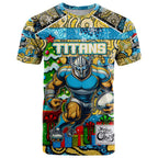 Custom Titans Rugby Merry Christmas T Shirt Indigenous Australian Art