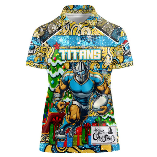 Custom Titans Rugby Merry Christmas Women Polo Shirt Indigenous Australian Art