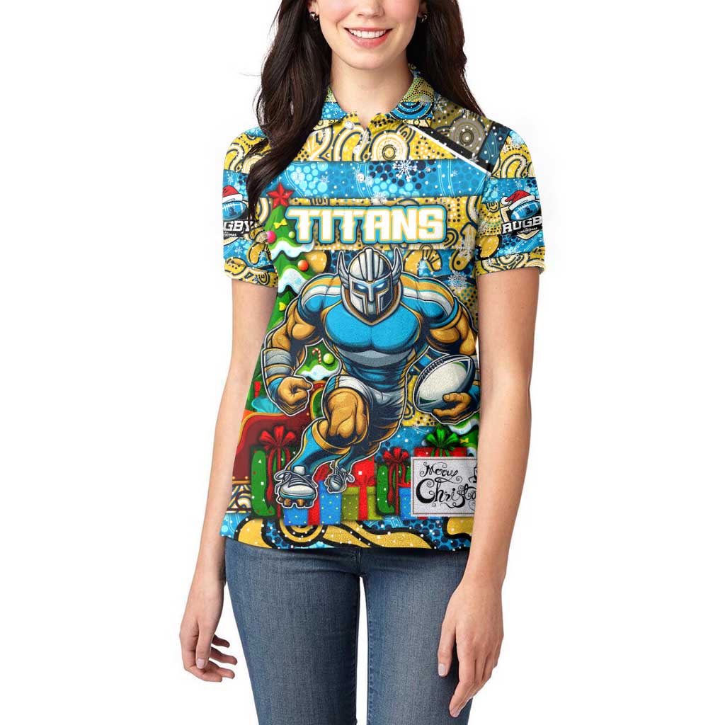 Custom Titans Rugby Merry Christmas Women Polo Shirt Indigenous Australian Art