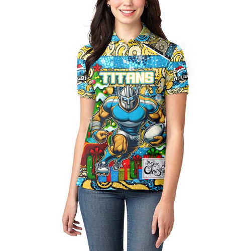 Custom Titans Rugby Merry Christmas Women Polo Shirt Indigenous Australian Art