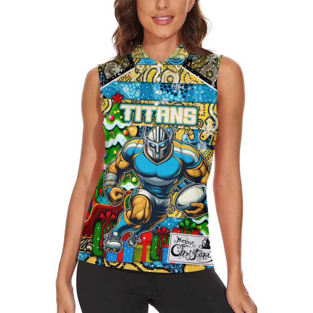 Custom Titans Rugby Merry Christmas Women Sleeveless Polo Shirt Indigenous Australian Art