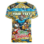 Custom Titans Rugby Merry Christmas Women V-Neck T-Shirt Indigenous Australian Art