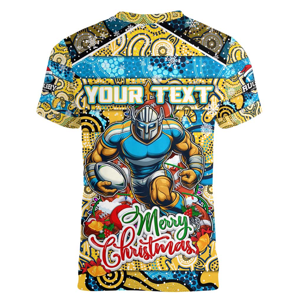 Custom Titans Rugby Merry Christmas Women V-Neck T-Shirt Indigenous Australian Art