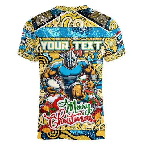 Custom Titans Rugby Merry Christmas Women V-Neck T-Shirt Indigenous Australian Art